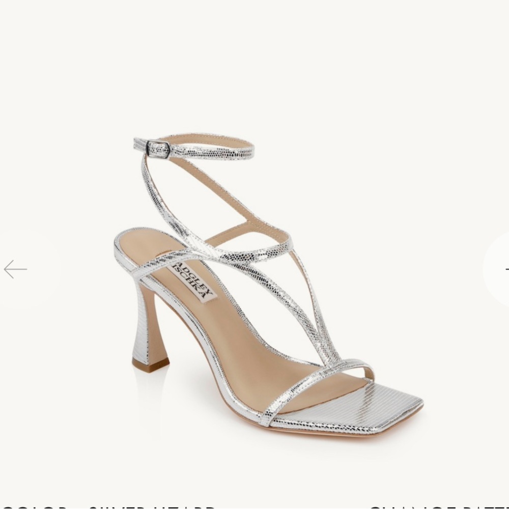 New Badgley Mischka Gianni Strappy Square Toe Heels in Silver Lizard Size 7